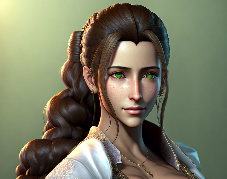 3D Rendered Image: Woman with Green Eyes & Braided Brown Hair