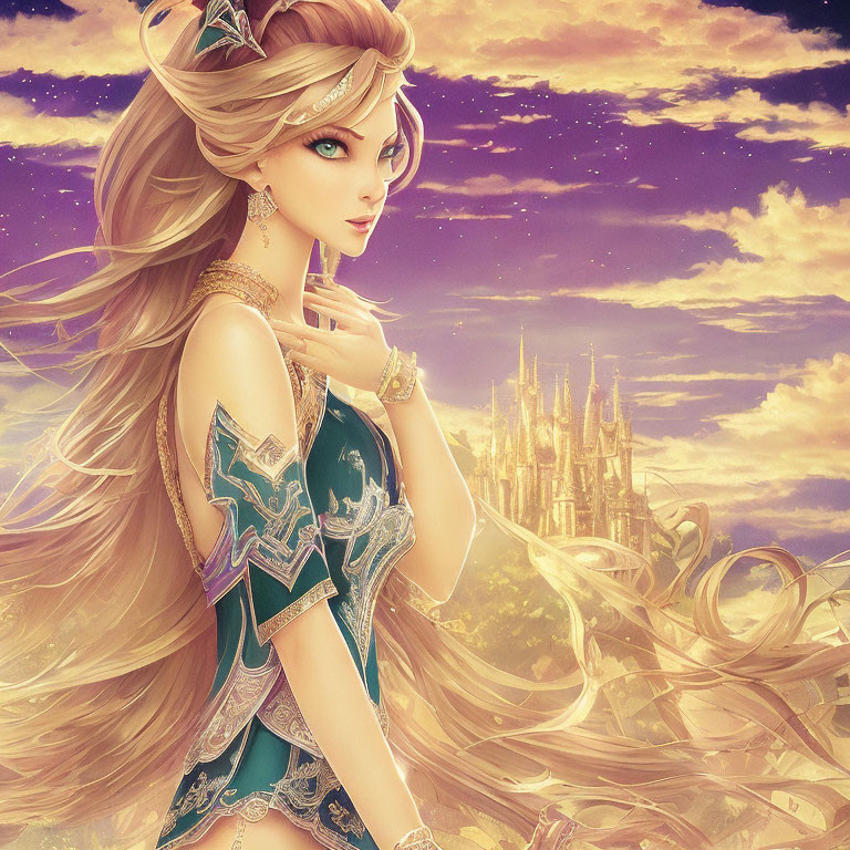 Fantasy princess with golden hair in teal dress before castle at twilight