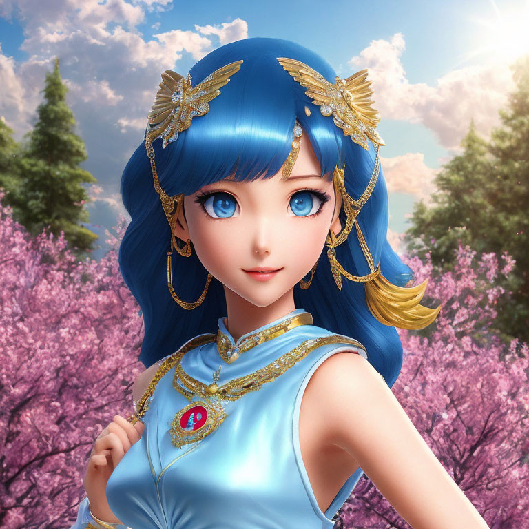 Bright Blue-Haired Female Character in Blue Dress Among Pink Cherry Blossoms