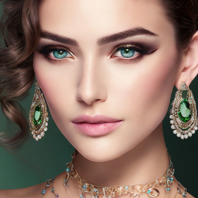 Striking green-eyed woman with elegant emerald jewelry and flawless makeup