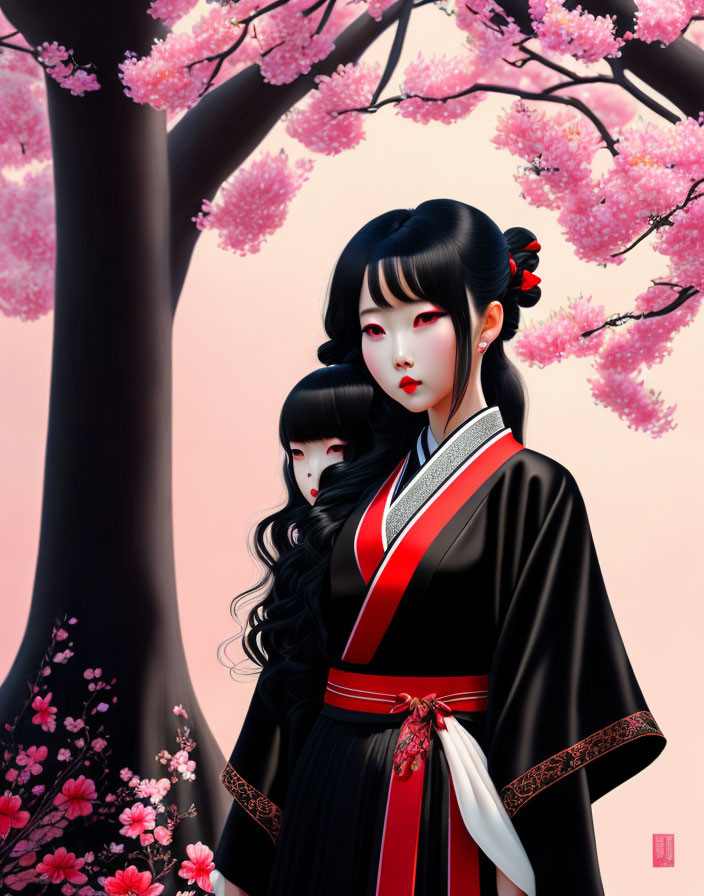 Illustrated figures in traditional attire under cherry blossom tree