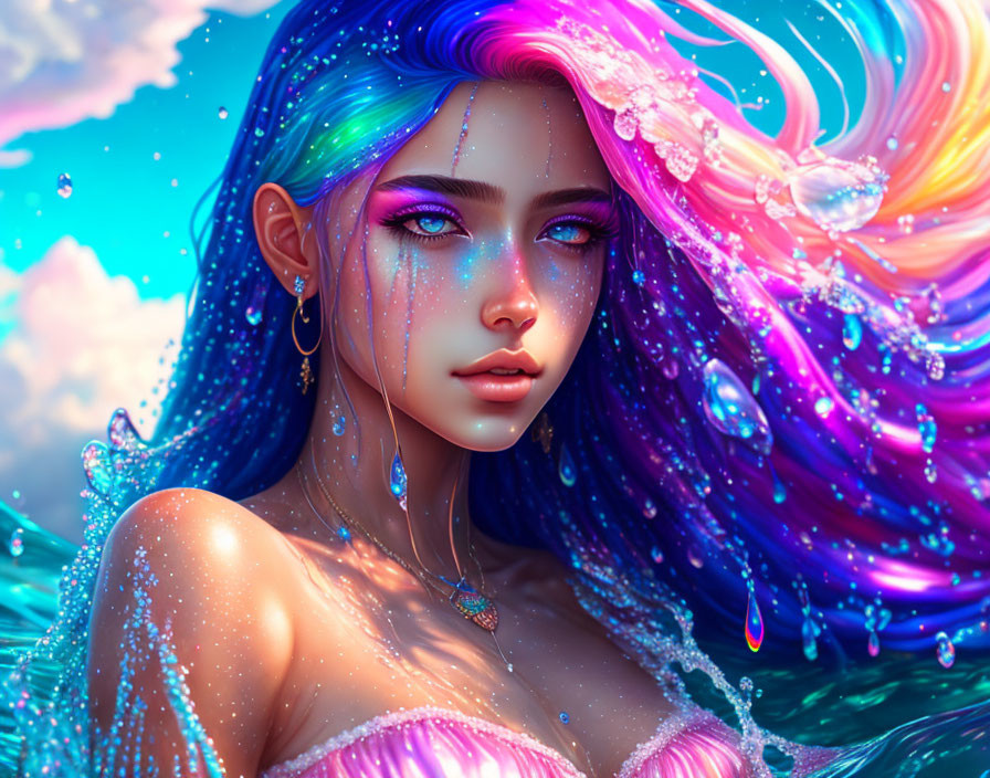 Colorful digital artwork of female figure with multicolored hair against blue sky