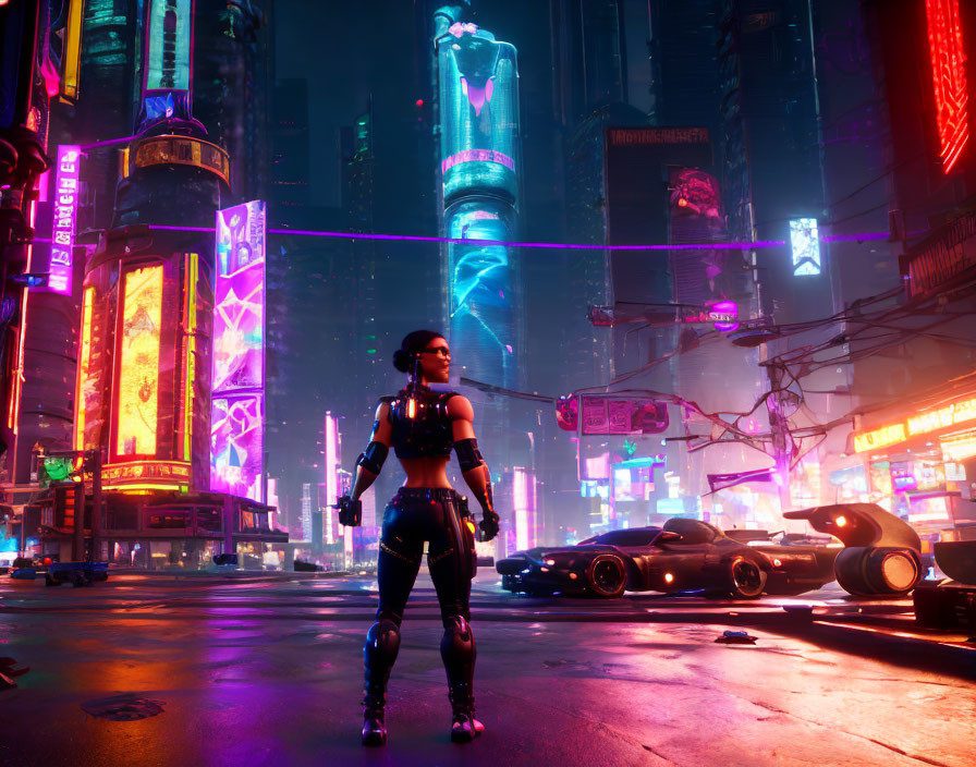 Futuristic city street at night with neon lights and holograms