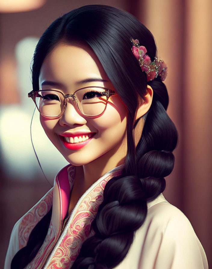 Smiling woman with glasses and braided hairstyle in traditional attire