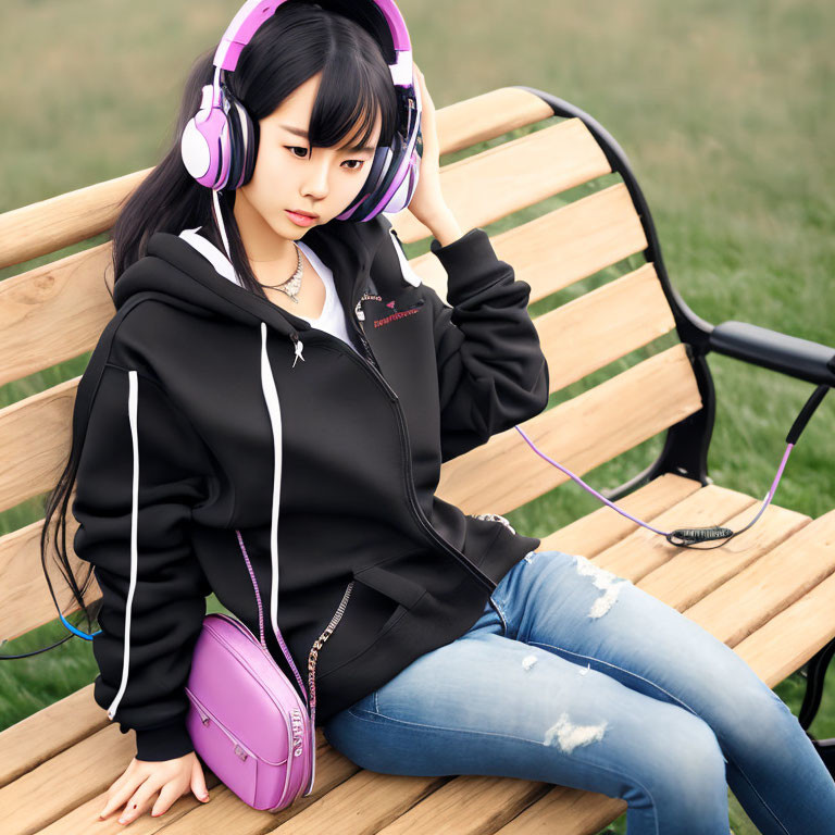 Woman in black hoodie and jeans with purple headphones on park bench.