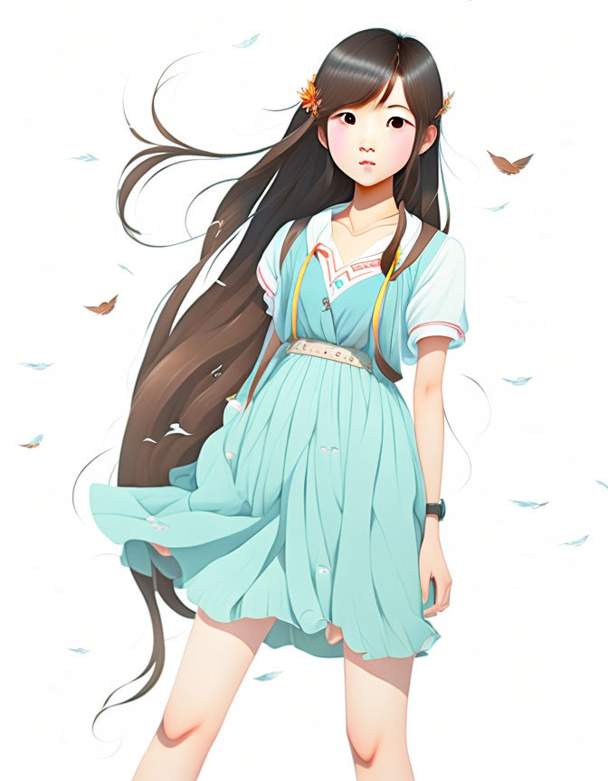 Digital drawing of girl with long hair in blue dress surrounded by floating leaves and petals