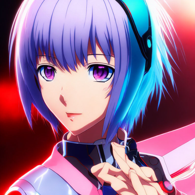 Blue-haired anime girl in futuristic headphones with glowing pink collar, set against red and black background.