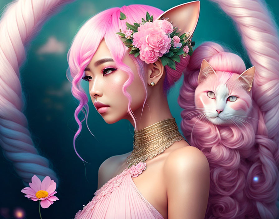 Pink-haired woman and cat with flowers in hair in gentle gaze.