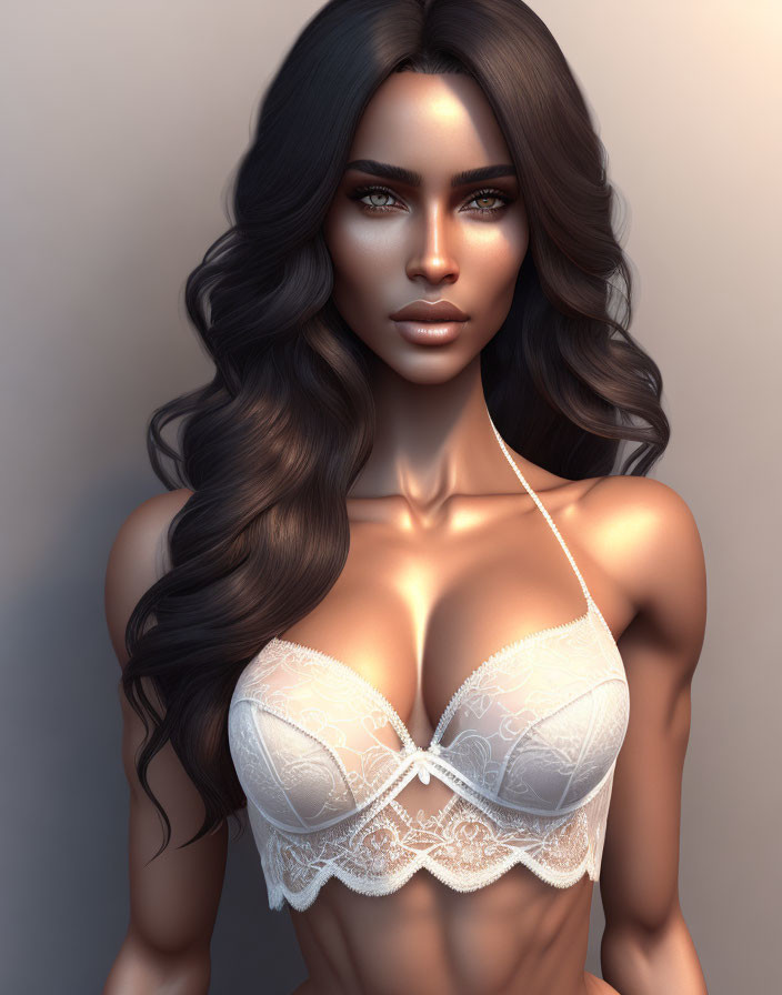 Digital portrait of woman with long, wavy dark hair in delicate white lace bra, featuring serene expression