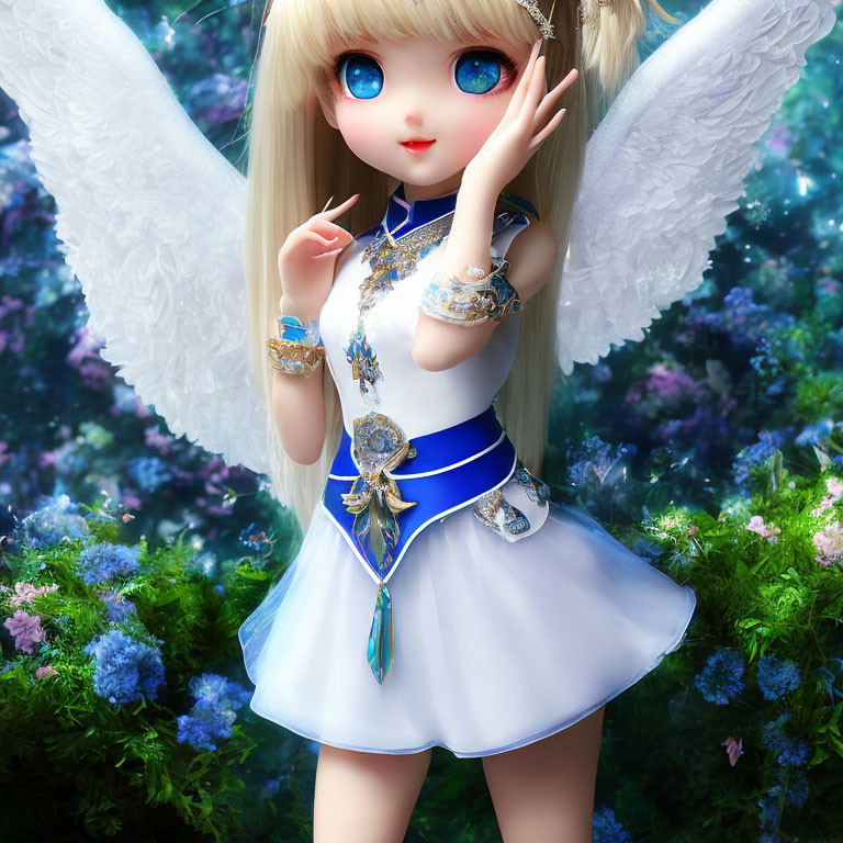 Detailed angelic doll with blue eyes, wings, and intricate blue dress in greenery.