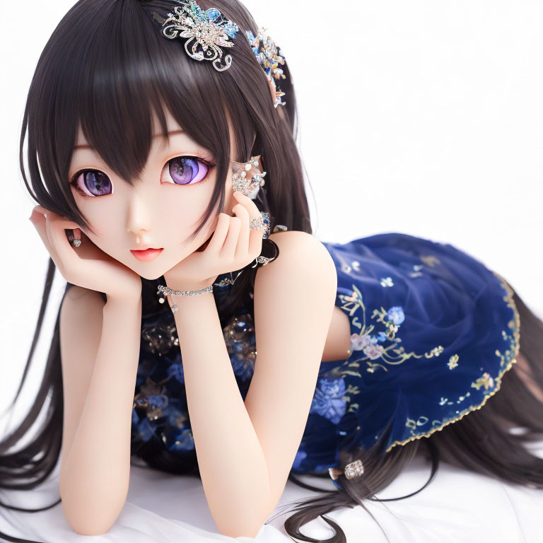 Anime-style doll with large purple eyes and long black hair in dark blue outfit