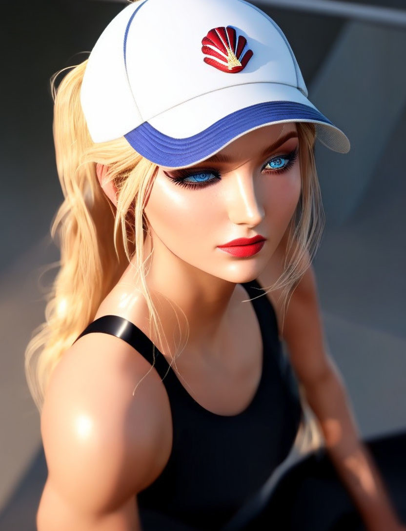 Blonde Woman in White Cap with Red and Gold Logo and Striking Blue Eyes