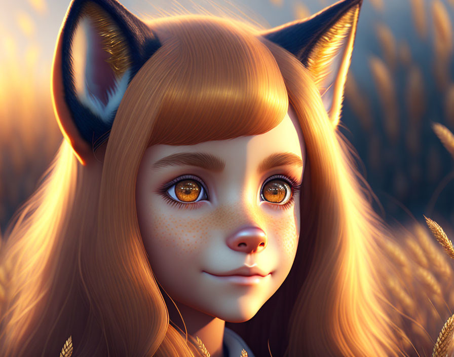 Digital Artwork: Young Girl with Fox Features in Sunset Wheat Field