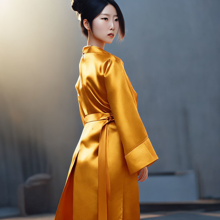 Traditional golden silk dress woman in elegant updo contemplatively standing.