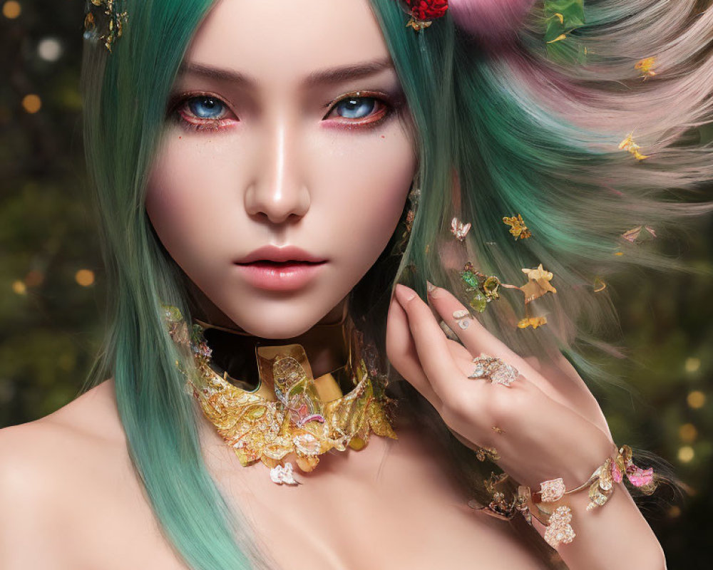 Fantasy-inspired illustration of woman with mint green hair and intricate accessories