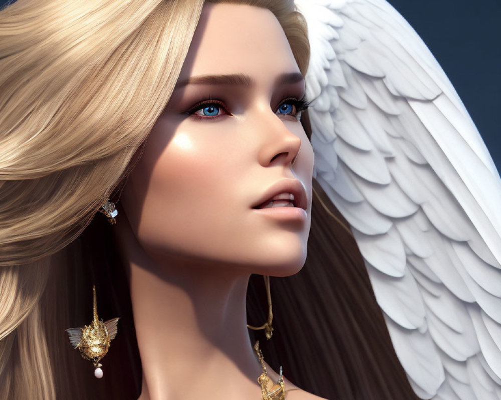 Digital artwork: Woman with angel wings, blue eyes, blonde hair, gold earrings on blue background