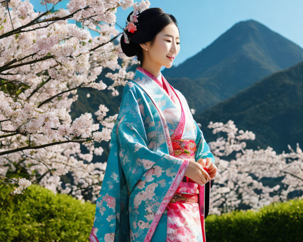 Traditional Kimono-Wearing Woman Surrounded by Cherry Blossoms and Mountains