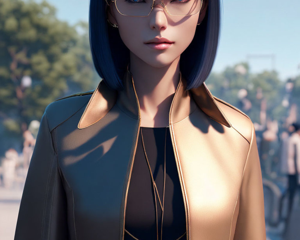 Animated woman with blue hair and glasses in gold jacket, amidst blurred crowd