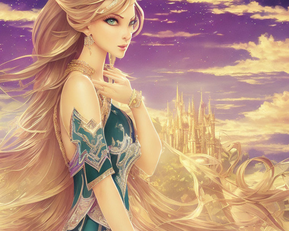 Fantasy princess with golden hair in teal dress before castle at twilight