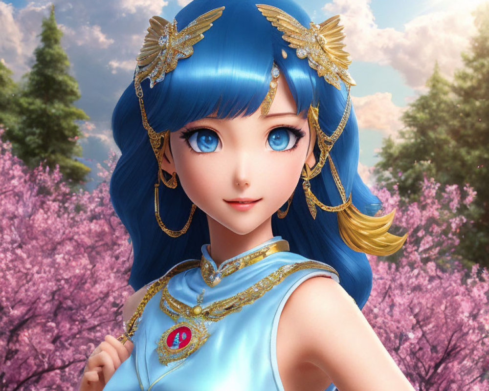 Bright Blue-Haired Female Character in Blue Dress Among Pink Cherry Blossoms