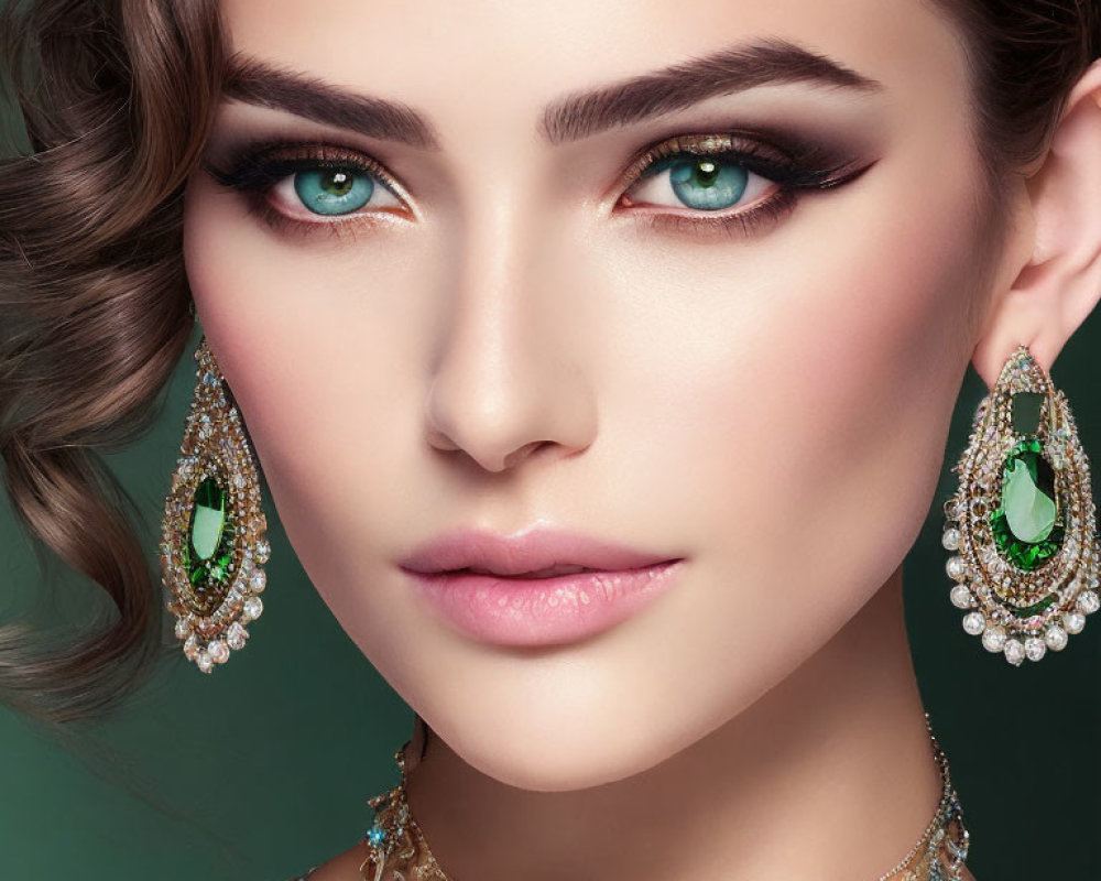 Striking green-eyed woman with elegant emerald jewelry and flawless makeup