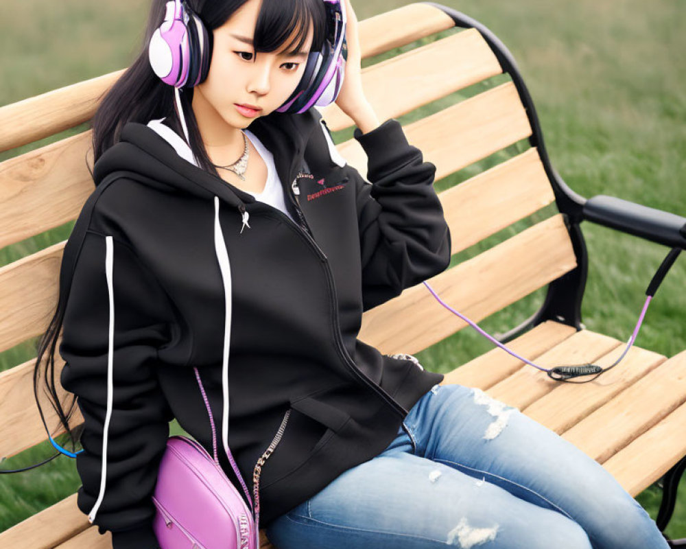 Woman in black hoodie and jeans with purple headphones on park bench.