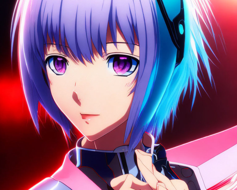 Blue-haired anime girl in futuristic headphones with glowing pink collar, set against red and black background.