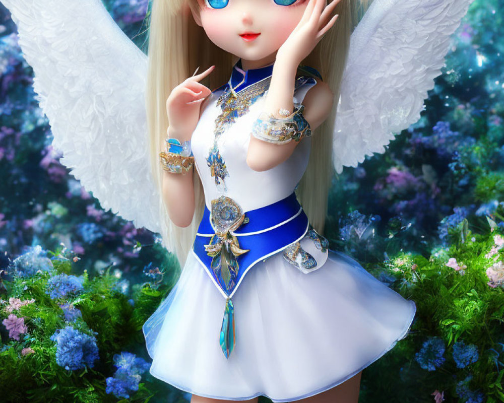 Detailed angelic doll with blue eyes, wings, and intricate blue dress in greenery.