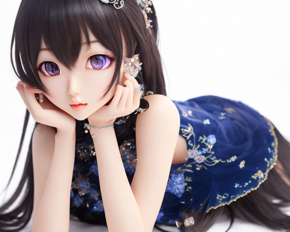 Anime-style doll with large purple eyes and long black hair in dark blue outfit