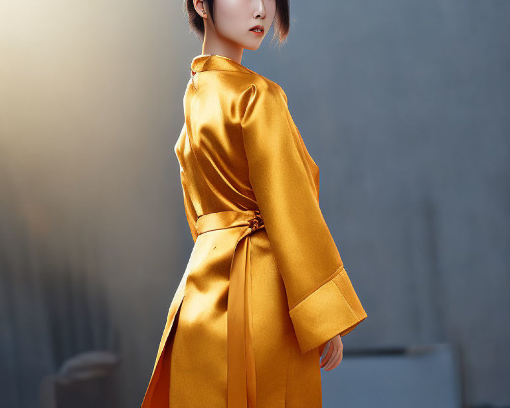 Traditional golden silk dress woman in elegant updo contemplatively standing.