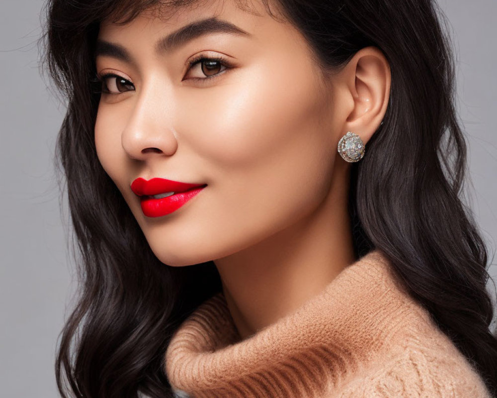 Smiling woman in red lipstick and turtleneck sweater with large earrings