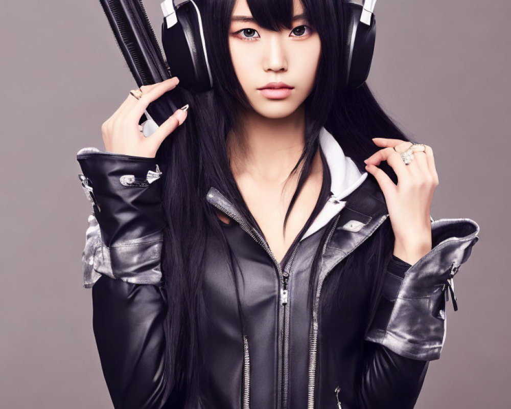 Person in Black Leather Jacket with Large Eyes Holding Katana