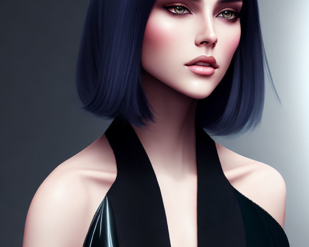 Digital portrait of woman with blue hair and green eyes in black outfit