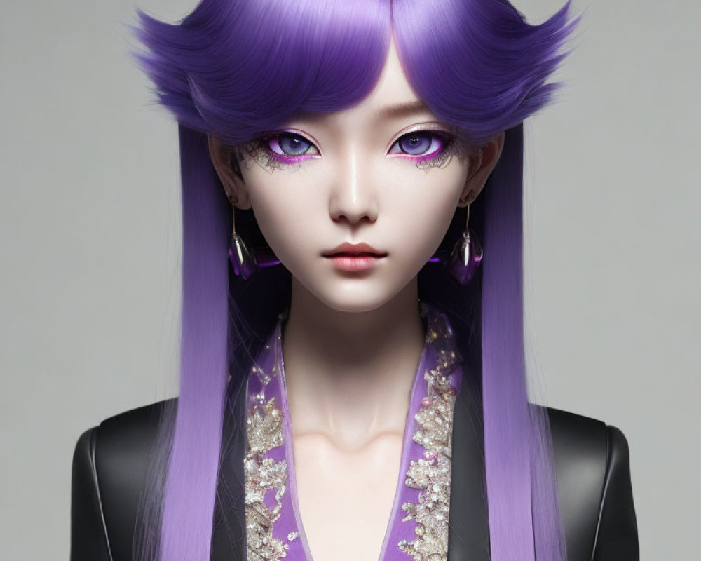 Digital Artwork: Female Character with Purple Hair, Amethyst Eyes, and Golden Patterns