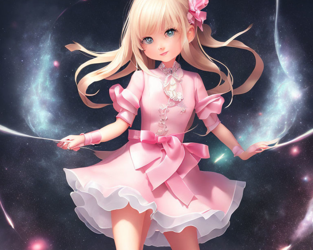 Blond-Haired Girl in Pink Dress Surrounded by Cosmic Elements