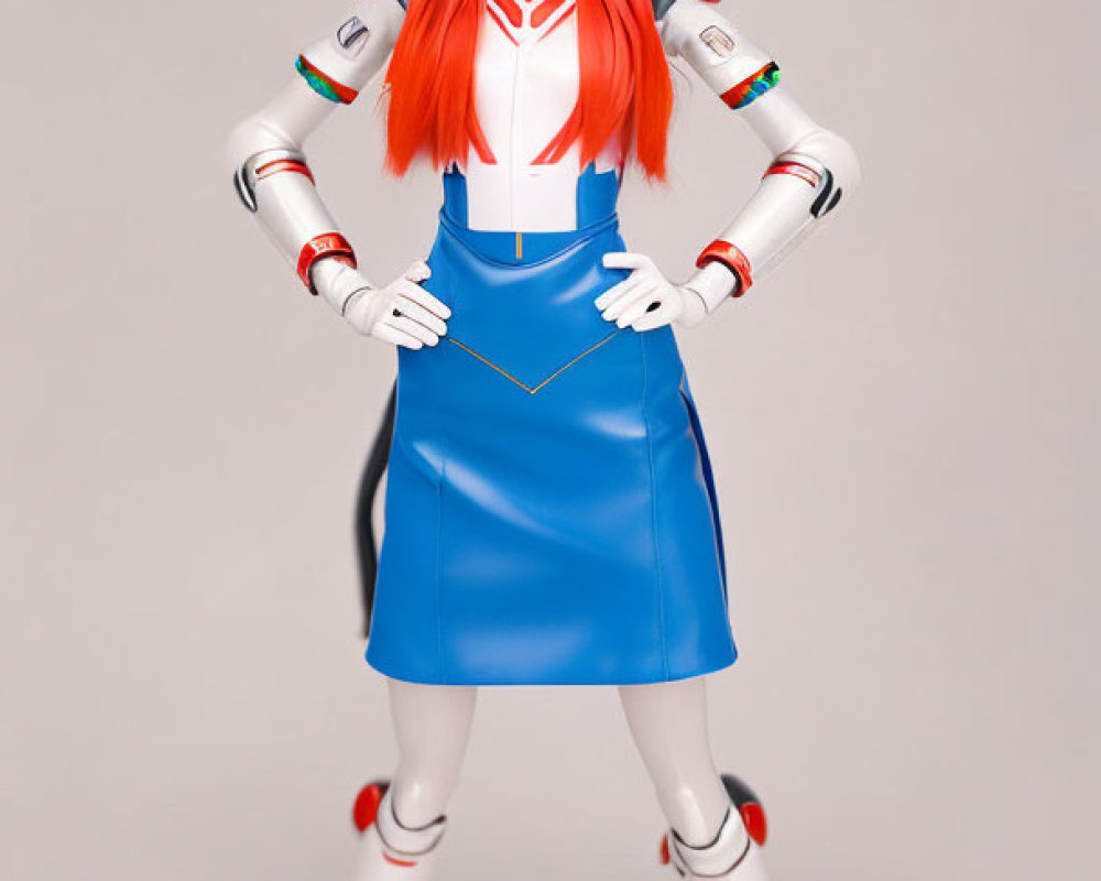 Anime female character with red hair, white top, blue skirt, and white boots