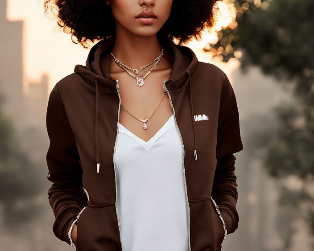 Curly-haired woman in white tank top and hoodie outdoors at dusk