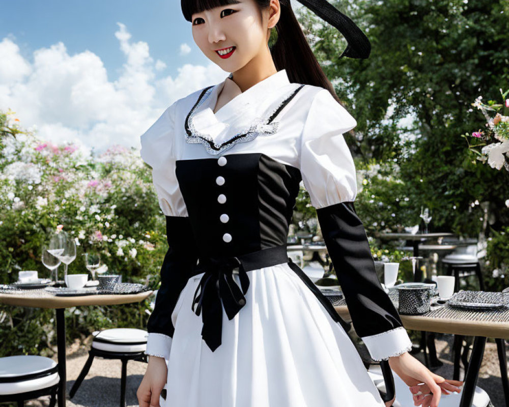 Person in Black and White Maid Costume in Sunny Café Setting