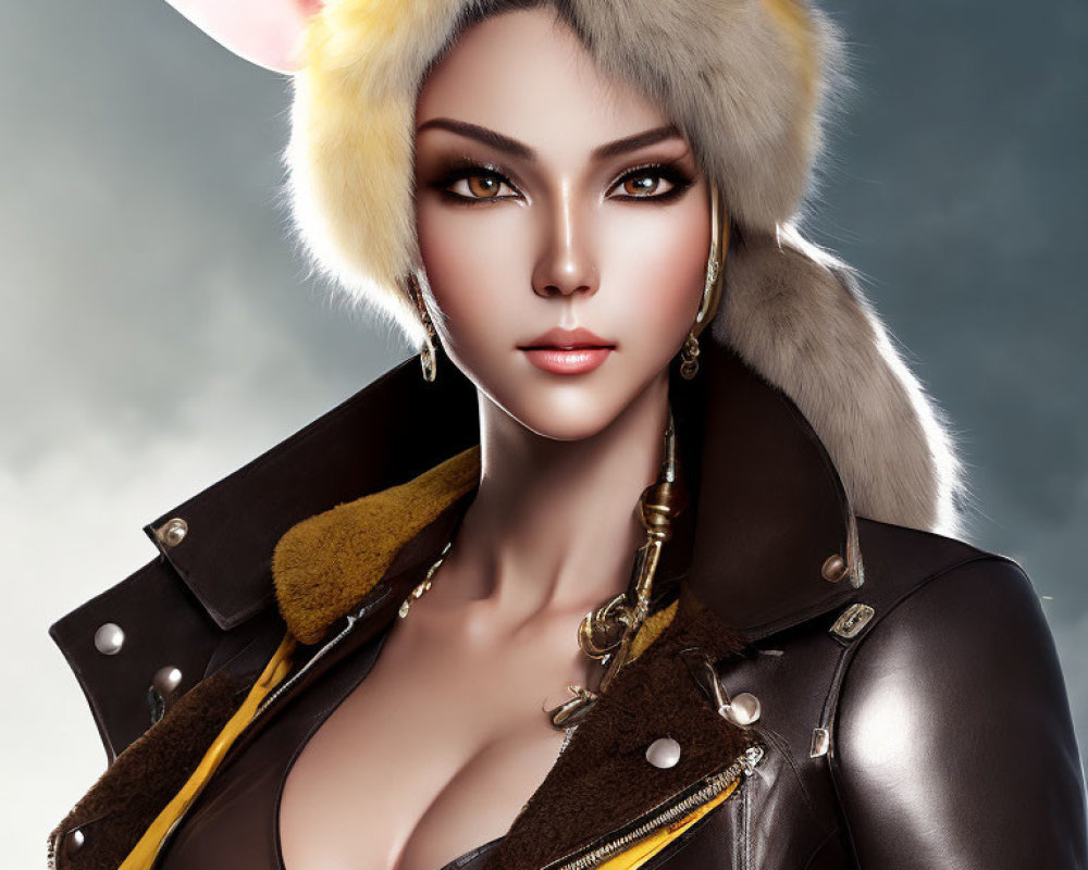 Digital artwork of woman with fox ears in leather jacket