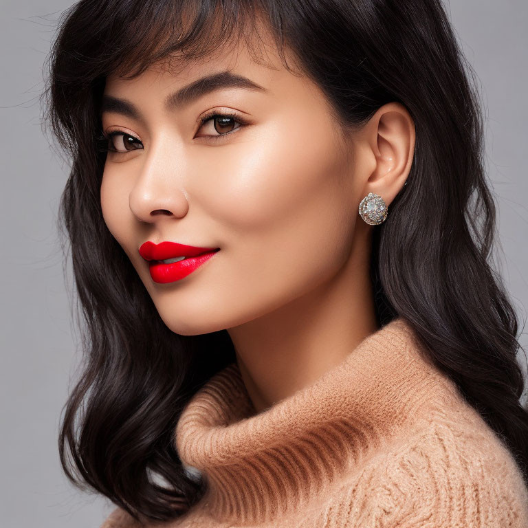 Smiling woman in red lipstick and turtleneck sweater with large earrings