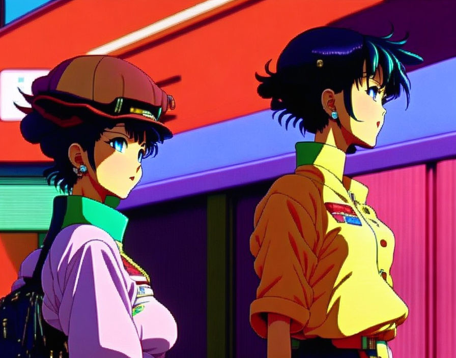 Two female characters in colorful uniforms against vibrant background