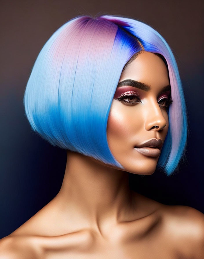 Vibrant blue and purple bob hairstyle with bold makeup on woman