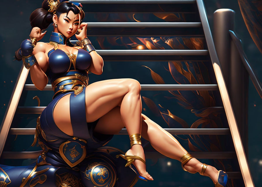 Stylized female character in blue and gold traditional outfit on staircase