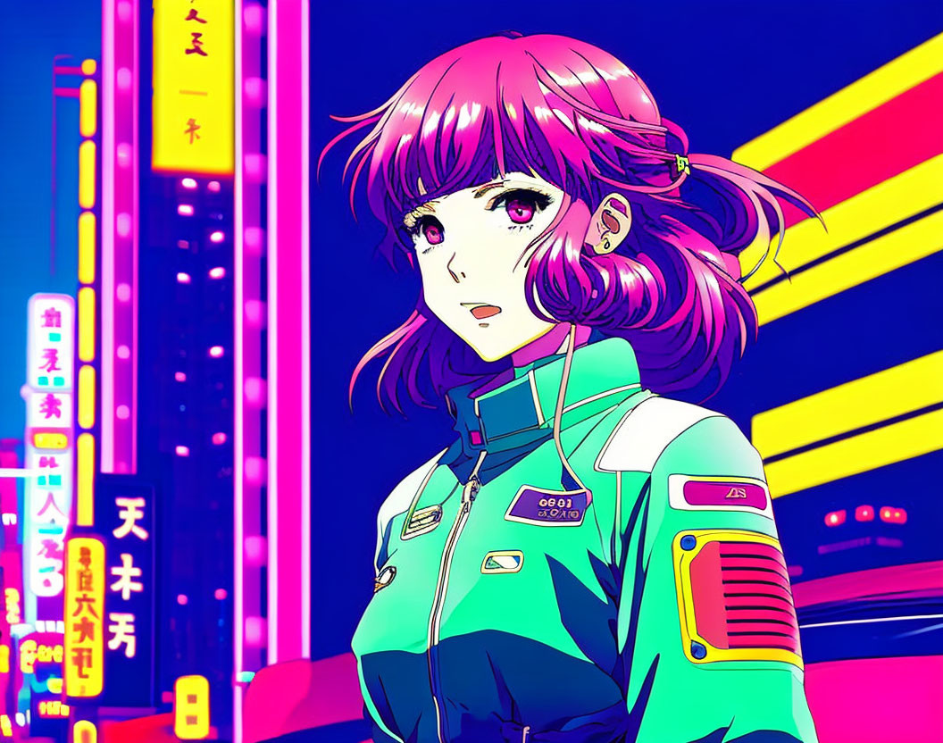 Futuristic anime-style illustration of girl with pink hair in green jacket against neon-lit cityscape