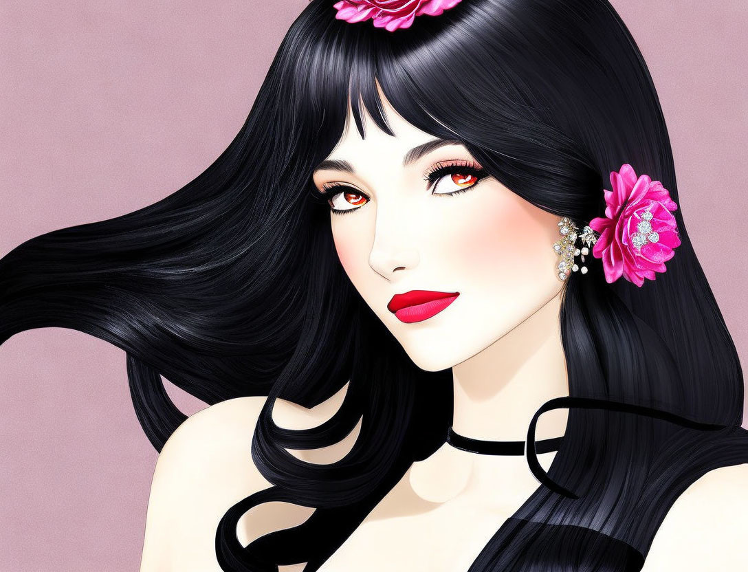 Digital illustration: Woman with long black hair and red lipstick on pink background