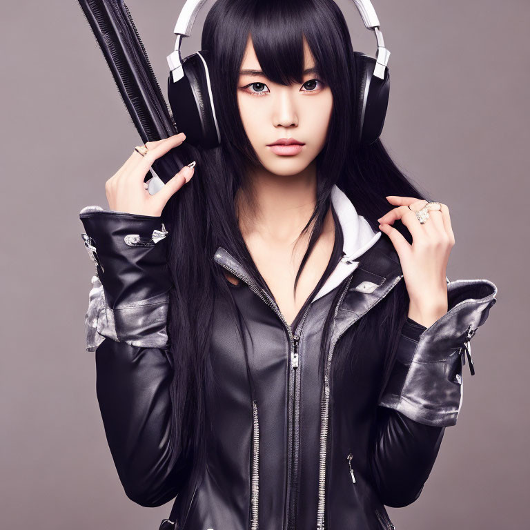 Person in Black Leather Jacket with Large Eyes Holding Katana