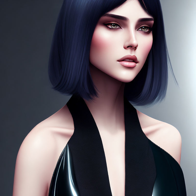 Digital portrait of woman with blue hair and green eyes in black outfit