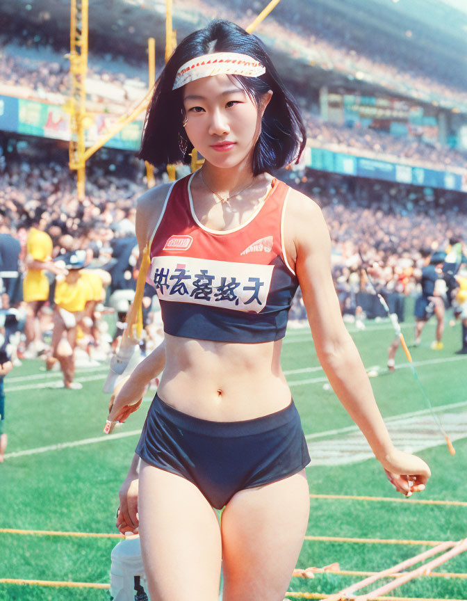 Female athlete in sports bra and shorts on field with spectators and stadium.