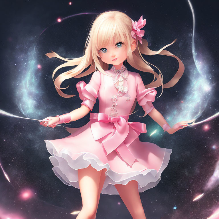 Blond-Haired Girl in Pink Dress Surrounded by Cosmic Elements