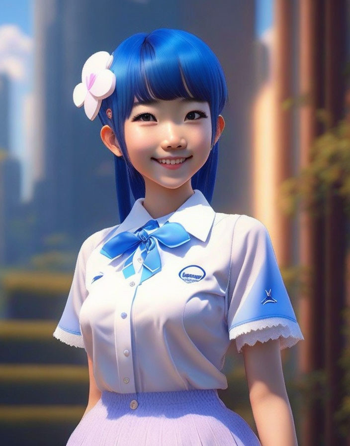 Digital artwork: Cheerful female character with blue hair, flower, white and blue uniform.